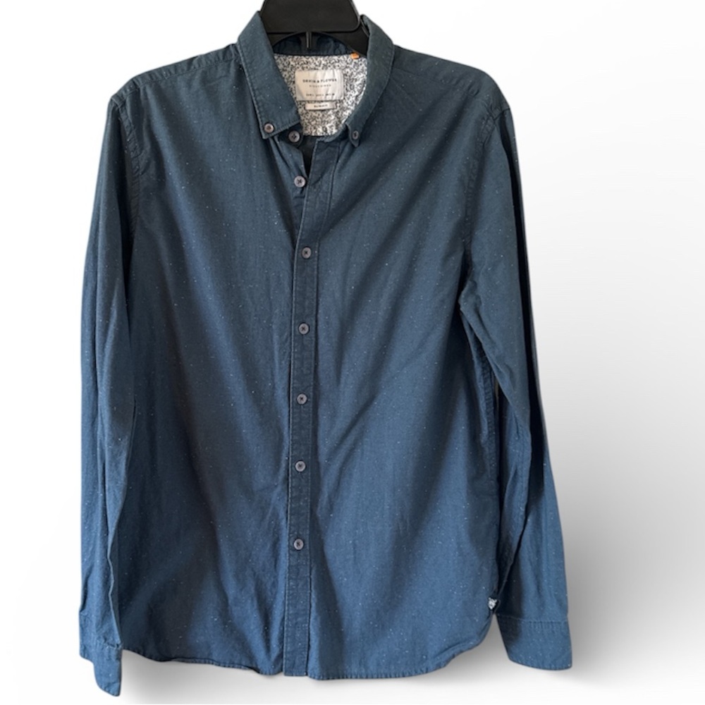 Denim & Flower Young Men’s Slim Fit Blue White Specks Cotton Button Down Shirt L